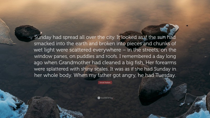 Ismail Kadare Quote: “Sunday had spread all over the city. It looked as if the sun had smacked into the earth and broken into pieces and chunks of wet light were scattered everywhere – in the streets, on the window panes, on puddles and roofs. I remembered a day long ago when Grandmother had cleaned a big fish. Her forearms were splattered with shiny scales. It was as if she had Sunday in her whole body. When my father got angry, he had Tuesday.”