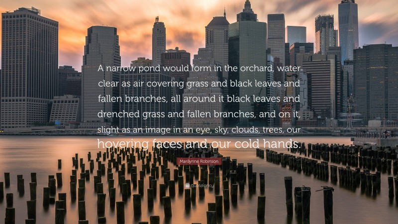 Marilynne Robinson Quote: “A narrow pond would form in the orchard, water clear as air covering grass and black leaves and fallen branches, all around it black leaves and drenched grass and fallen branches, and on it, slight as an image in an eye, sky, clouds, trees, our hovering faces and our cold hands.”