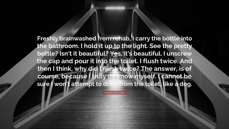 Augusten Burroughs Quote: “Freshly brainwashed from rehab, I carry the bottle into the bathroom. I hold it up to the light. See the pretty bottle? Isn’t it beautiful? Yes, it’s beautiful. I unscrew the cap and pour it into the toilet. I flush twice. And then I think, why did I flush twice? The answer, is of course, because I truly do know myself. I cannot be sure I won’t attempt to drink from the toilet, like a dog.”