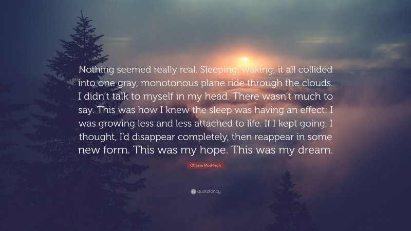 Ottessa Moshfegh Quote: “Nothing seemed really real. Sleeping, waking, it all collided into one gray, monotonous plane ride through the clouds. I didn’t talk to myself in my head. There wasn’t much to say. This was how I knew the sleep was having an effect: I was growing less and less attached to life. If I kept going, I thought, I’d disappear completely, then reappear in some new form. This was my hope. This was my dream.”