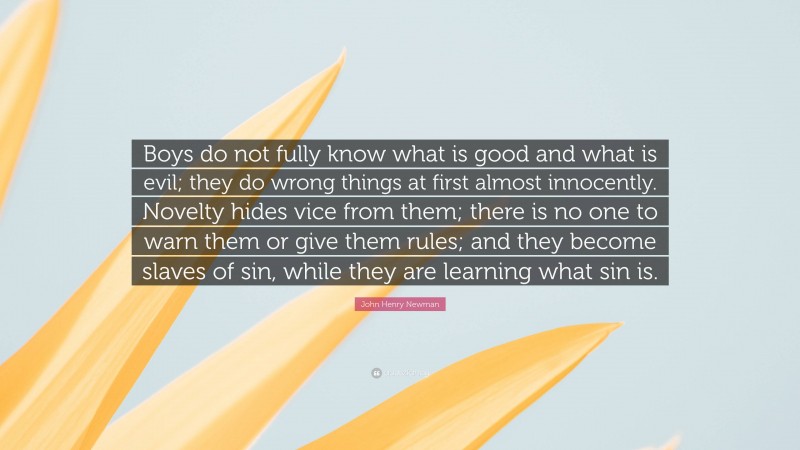 John Henry Newman Quote: “Boys do not fully know what is good and what is evil; they do wrong things at first almost innocently. Novelty hides vice from them; there is no one to warn them or give them rules; and they become slaves of sin, while they are learning what sin is.”