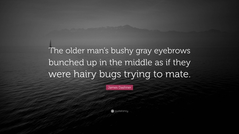 James Dashner Quote: “The older man’s bushy gray eyebrows bunched up in the middle as if they were hairy bugs trying to mate.”