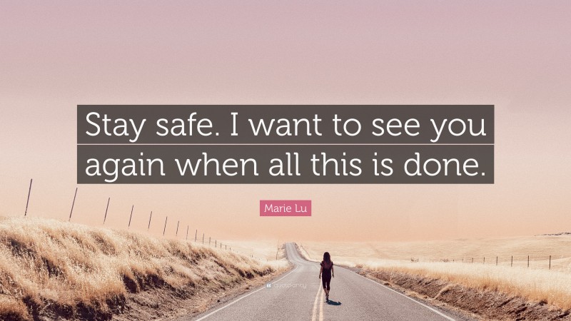 Marie Lu Quote: “Stay safe. I want to see you again when all this is done.”
