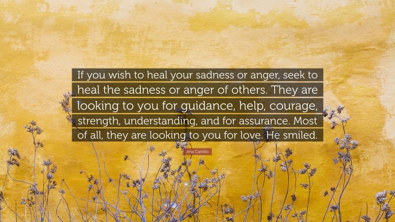 Ana Castillo Quote: “If you wish to heal your sadness or anger, seek to heal the sadness or anger of others. They are looking to you for guidance, help, courage, strength, understanding, and for assurance. Most of all, they are looking to you for love. He smiled.”