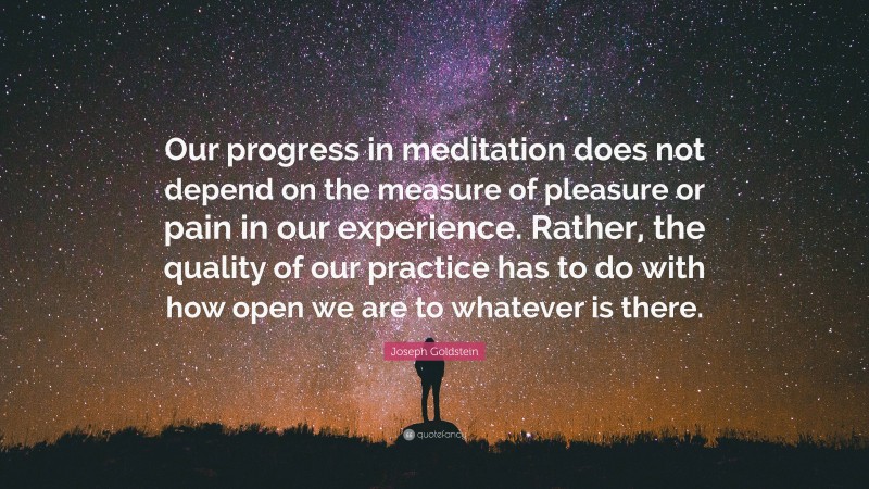 Joseph Goldstein Quote: “Our progress in meditation does not depend on the measure of pleasure or pain in our experience. Rather, the quality of our practice has to do with how open we are to whatever is there.”