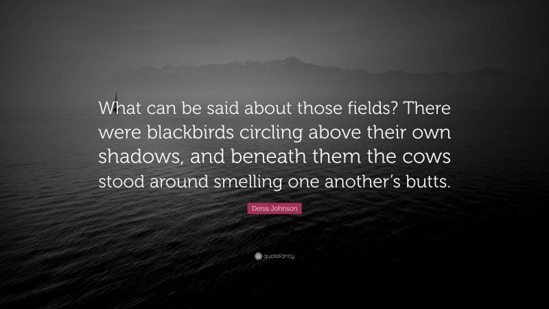 Denis Johnson Quote: “What can be said about those fields? There were blackbirds circling above their own shadows, and beneath them the cows stood around smelling one another’s butts.”