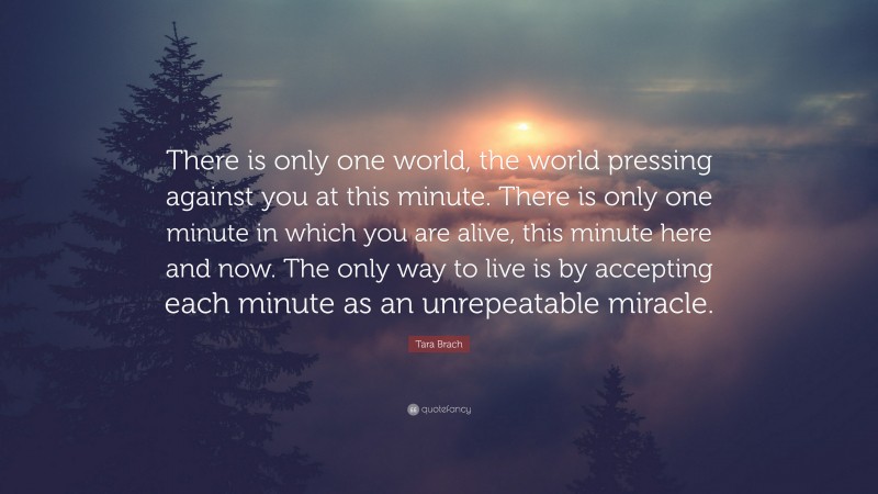 Tara Brach Quote: “There is only one world, the world pressing against you at this minute. There is only one minute in which you are alive, this minute here and now. The only way to live is by accepting each minute as an unrepeatable miracle.”