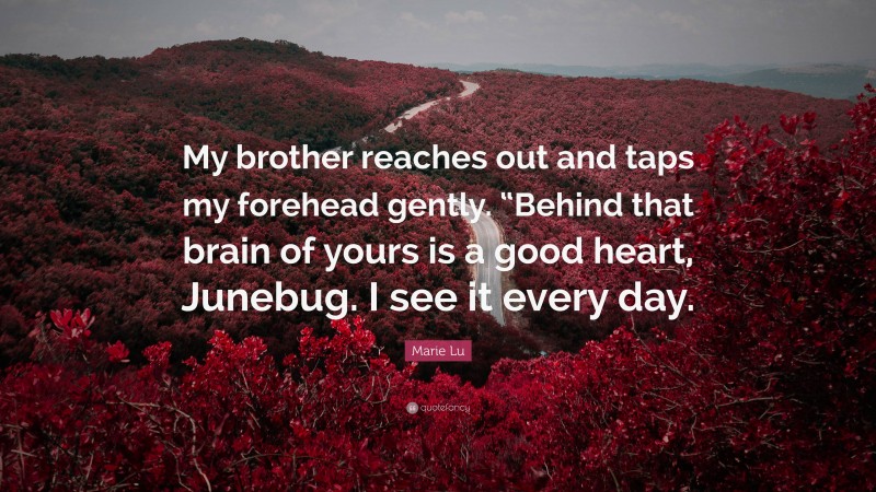 Marie Lu Quote: “My brother reaches out and taps my forehead gently. “Behind that brain of yours is a good heart, Junebug. I see it every day.”