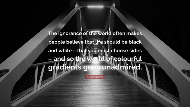 A.J. Darkholme Quote: “The ignorance of the world often makes people believe that life should be black and white – that you must choose sides – and so the world of colourful gradients goes unadmired.”