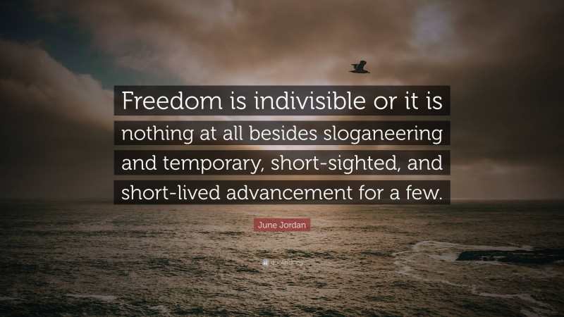 June Jordan Quote: “Freedom is indivisible or it is nothing at all besides sloganeering and temporary, short-sighted, and short-lived advancement for a few.”