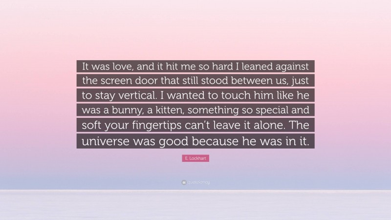 E. Lockhart Quote: “It was love, and it hit me so hard I leaned against the screen door that still stood between us, just to stay vertical. I wanted to touch him like he was a bunny, a kitten, something so special and soft your fingertips can’t leave it alone. The universe was good because he was in it.”