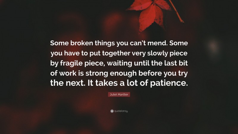 Juliet Marillier Quote: “Some broken things you can’t mend. Some you have to put together very slowly piece by fragile piece, waiting until the last bit of work is strong enough before you try the next. It takes a lot of patience.”