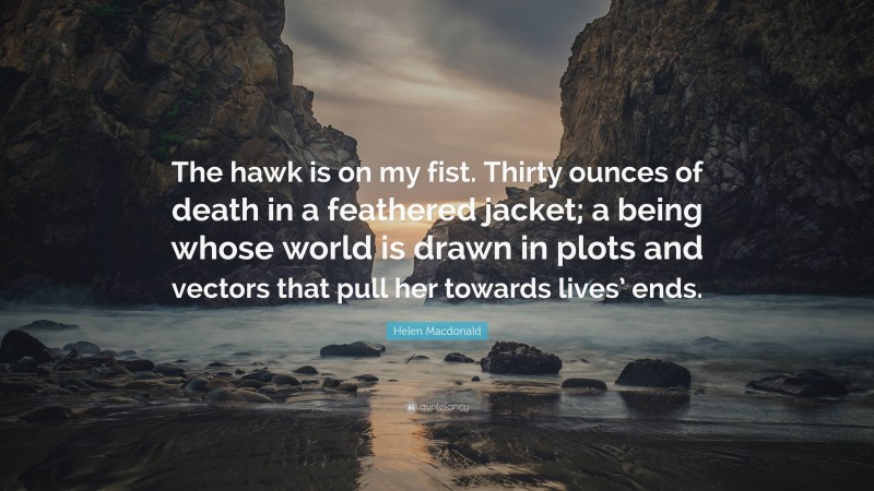 Helen Macdonald Quote: “The hawk is on my fist. Thirty ounces of death in a feathered jacket; a being whose world is drawn in plots and vectors that pull her towards lives’ ends.”