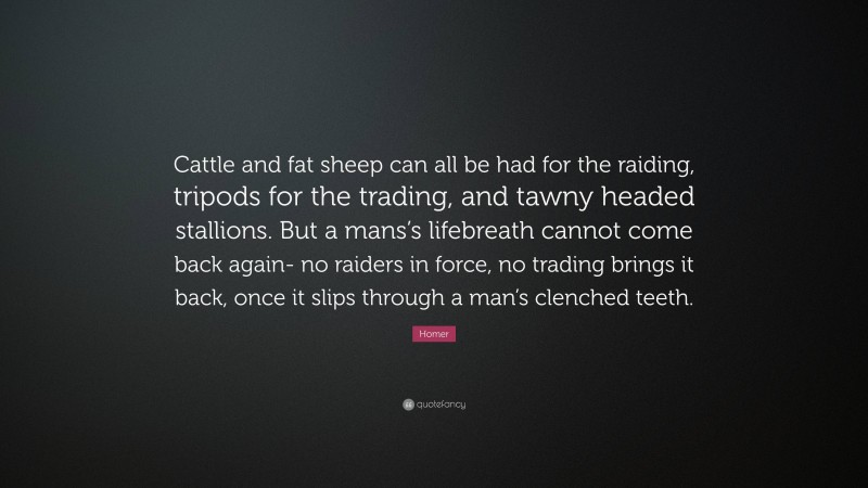 Homer Quote: “Cattle and fat sheep can all be had for the raiding, tripods for the trading, and tawny headed stallions. But a mans’s lifebreath cannot come back again- no raiders in force, no trading brings it back, once it slips through a man’s clenched teeth.”