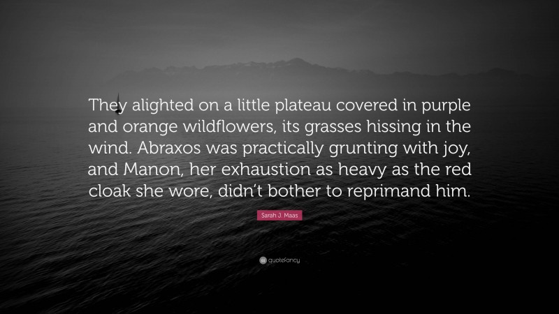 Sarah J. Maas Quote: “They alighted on a little plateau covered in purple and orange wildflowers, its grasses hissing in the wind. Abraxos was practically grunting with joy, and Manon, her exhaustion as heavy as the red cloak she wore, didn’t bother to reprimand him.”