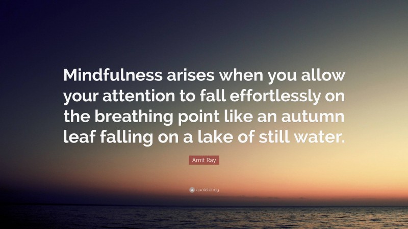 Amit Ray Quote: “Mindfulness arises when you allow your attention to fall effortlessly on the breathing point like an autumn leaf falling on a lake of still water.”