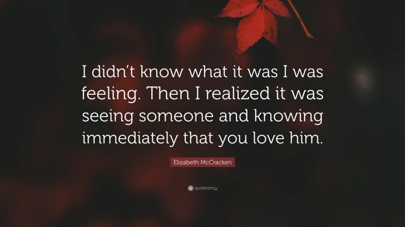Elizabeth McCracken Quote: “I didn’t know what it was I was feeling. Then I realized it was seeing someone and knowing immediately that you love him.”