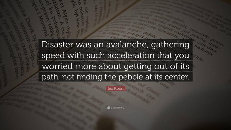 Jodi Picoult Quote: “Disaster was an avalanche, gathering speed with such acceleration that you worried more about getting out of its path, not finding the pebble at its center.”