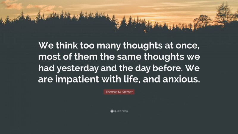Thomas M. Sterner Quote: “We think too many thoughts at once, most of them the same thoughts we had yesterday and the day before. We are impatient with life, and anxious.”