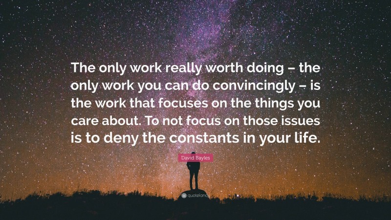David Bayles Quote: “The only work really worth doing – the only work you can do convincingly – is the work that focuses on the things you care about. To not focus on those issues is to deny the constants in your life.”