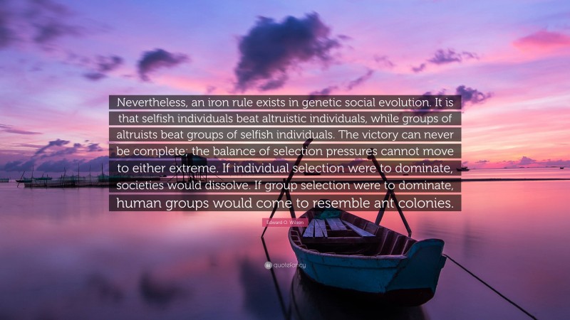 Edward O. Wilson Quote: “Nevertheless, an iron rule exists in genetic social evolution. It is that selfish individuals beat altruistic individuals, while groups of altruists beat groups of selfish individuals. The victory can never be complete; the balance of selection pressures cannot move to either extreme. If individual selection were to dominate, societies would dissolve. If group selection were to dominate, human groups would come to resemble ant colonies.”