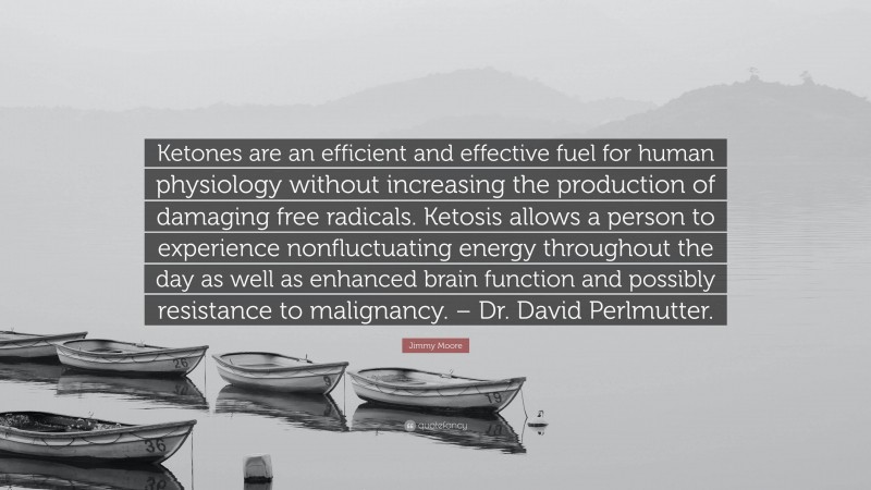 Jimmy Moore Quote: “Ketones are an efficient and effective fuel for human physiology without increasing the production of damaging free radicals. Ketosis allows a person to experience nonfluctuating energy throughout the day as well as enhanced brain function and possibly resistance to malignancy. – Dr. David Perlmutter.”