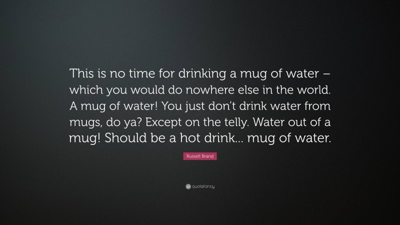 Russell Brand Quote: “This is no time for drinking a mug of water – which you would do nowhere else in the world. A mug of water! You just don’t drink water from mugs, do ya? Except on the telly. Water out of a mug! Should be a hot drink... mug of water.”