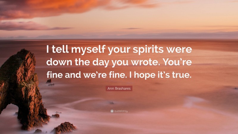 Ann Brashares Quote: “I tell myself your spirits were down the day you wrote. You’re fine and we’re fine. I hope it’s true.”