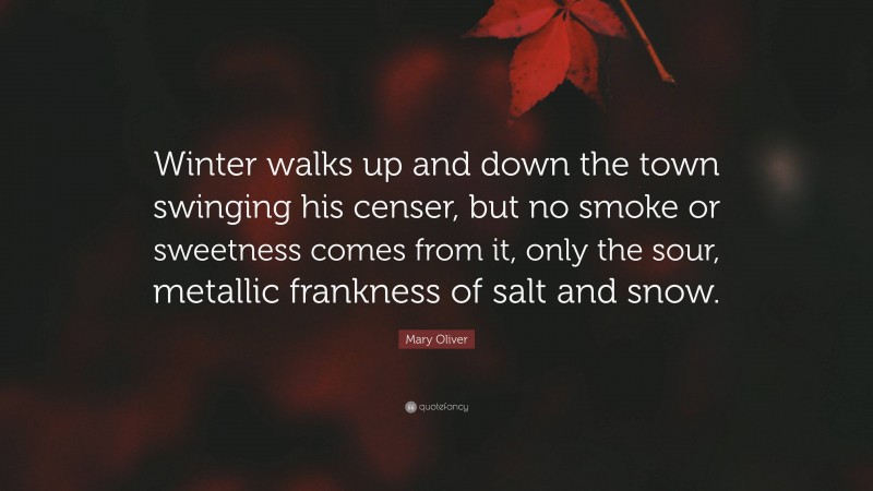 Mary Oliver Quote: “Winter walks up and down the town swinging his censer, but no smoke or sweetness comes from it, only the sour, metallic frankness of salt and snow.”