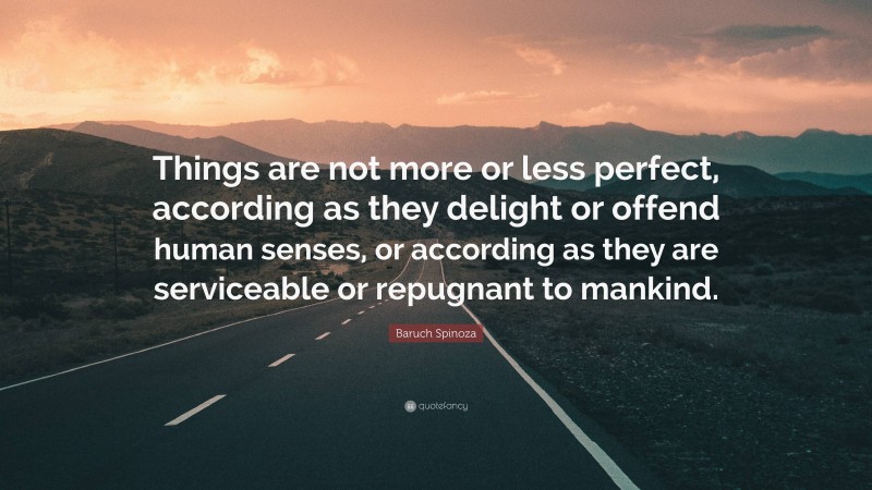 Baruch Spinoza Quote: “Things are not more or less perfect, according as they delight or offend human senses, or according as they are serviceable or repugnant to mankind.”