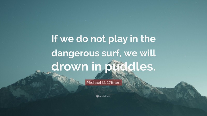 Michael D. O'Brien Quote: “If we do not play in the dangerous surf, we will drown in puddles.”