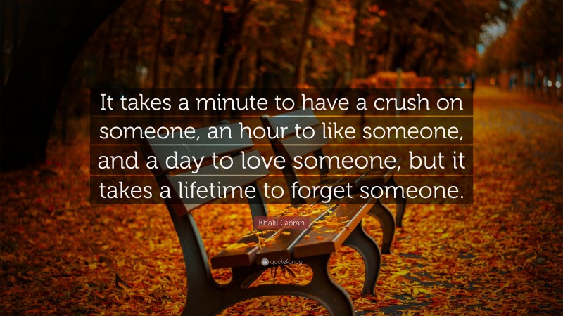 Khalil Gibran Quote: “It takes a minute to have a crush on someone, an hour to like someone, and a day to love someone, but it takes a lifetime to forget someone.”