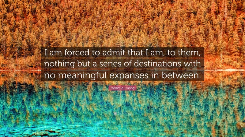 Monique Truong Quote: “I am forced to admit that I am, to them, nothing but a series of destinations with no meaningful expanses in between.”