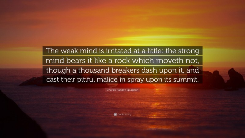 Charles Haddon Spurgeon Quote: “The weak mind is irritated at a little: the strong mind bears it like a rock which moveth not, though a thousand breakers dash upon it, and cast their pitiful malice in spray upon its summit.”