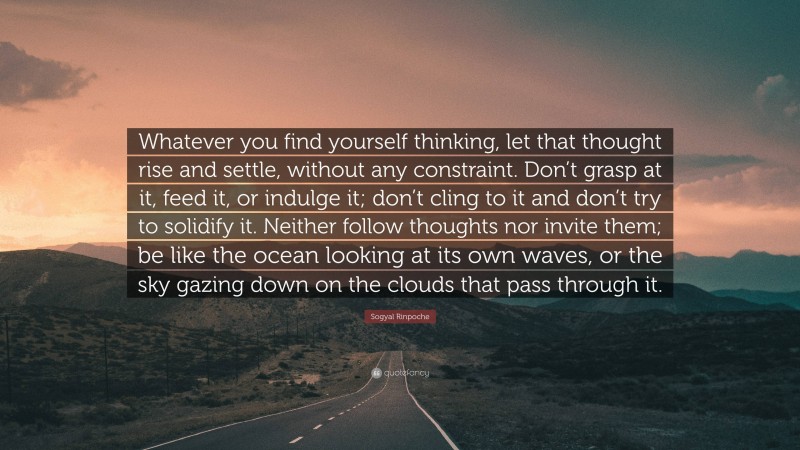 Sogyal Rinpoche Quote: “Whatever you find yourself thinking, let that thought rise and settle, without any constraint. Don’t grasp at it, feed it, or indulge it; don’t cling to it and don’t try to solidify it. Neither follow thoughts nor invite them; be like the ocean looking at its own waves, or the sky gazing down on the clouds that pass through it.”