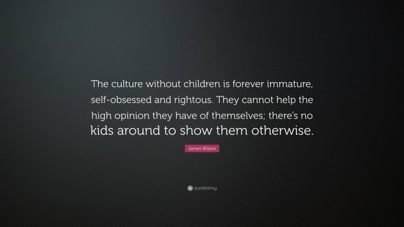 James Wilson Quote: “The culture without children is forever immature, self-obsessed and rightous. They cannot help the high opinion they have of themselves; there’s no kids around to show them otherwise.”
