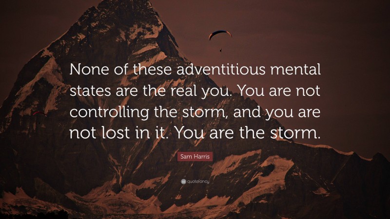 Sam Harris Quote: “None of these adventitious mental states are the real you. You are not controlling the storm, and you are not lost in it. You are the storm.”