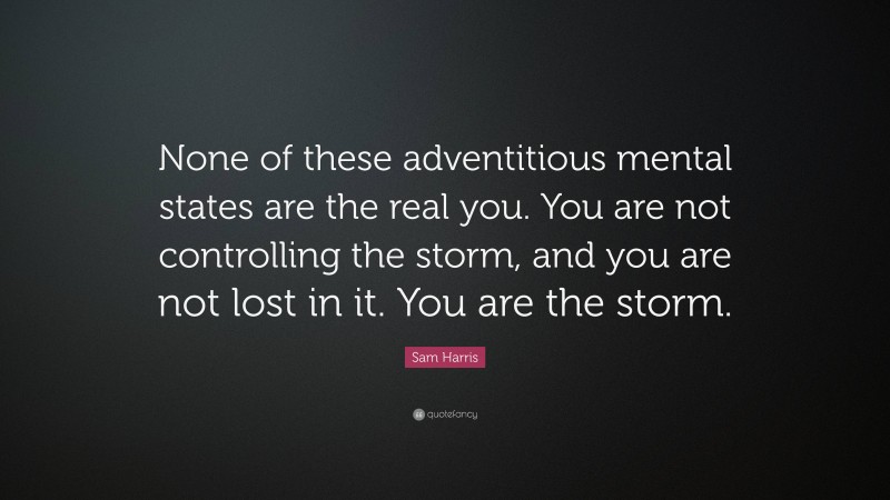 Sam Harris Quote: “None of these adventitious mental states are the real you. You are not controlling the storm, and you are not lost in it. You are the storm.”