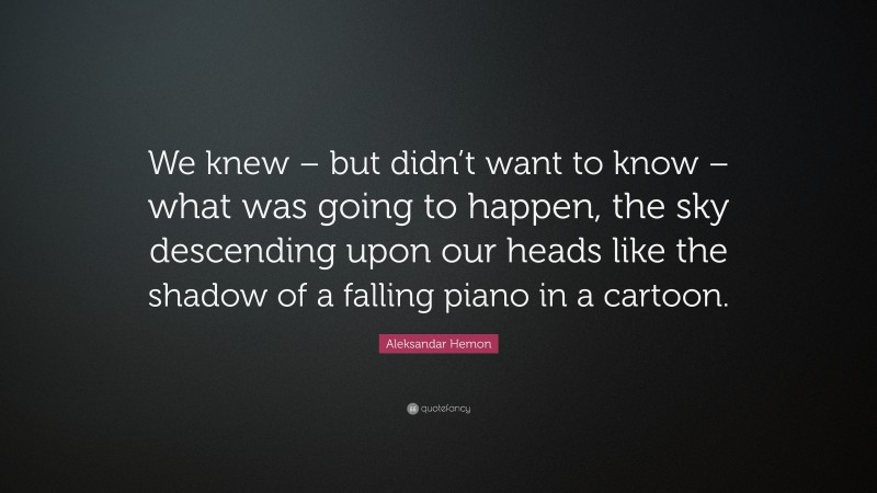 Aleksandar Hemon Quote: “We knew – but didn’t want to know – what was going to happen, the sky descending upon our heads like the shadow of a falling piano in a cartoon.”