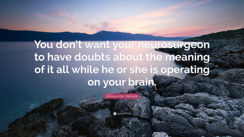 Aleksandar Hemon Quote: “You don’t want your neurosurgeon to have doubts about the meaning of it all while he or she is operating on your brain.”