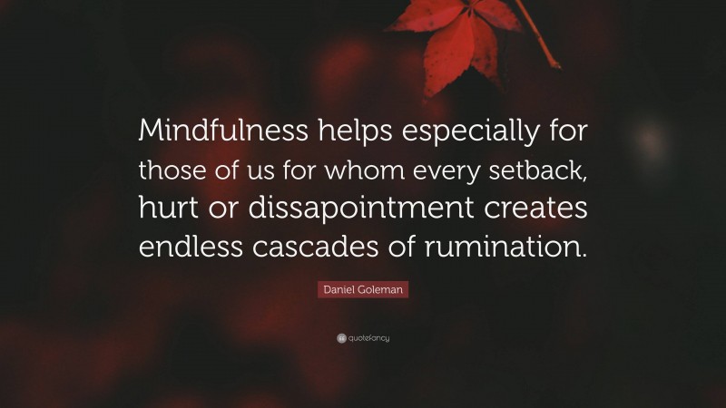 Daniel Goleman Quote: “Mindfulness helps especially for those of us for whom every setback, hurt or dissapointment creates endless cascades of rumination.”