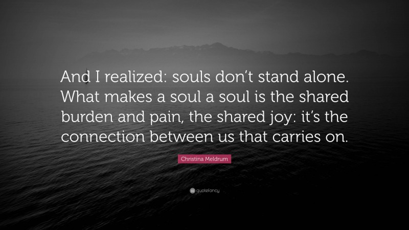 Christina Meldrum Quote: “And I realized: souls don’t stand alone. What makes a soul a soul is the shared burden and pain, the shared joy: it’s the connection between us that carries on.”