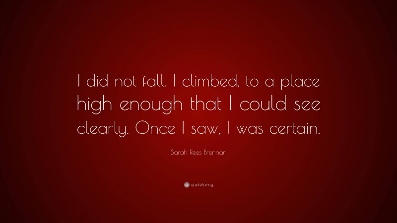 Sarah Rees Brennan Quote: “I did not fall. I climbed, to a place high enough that I could see clearly. Once I saw, I was certain.”