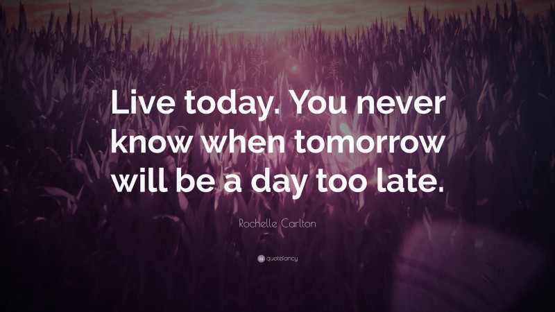 Rochelle Carlton Quote: “Live today. You never know when tomorrow will be a day too late.”