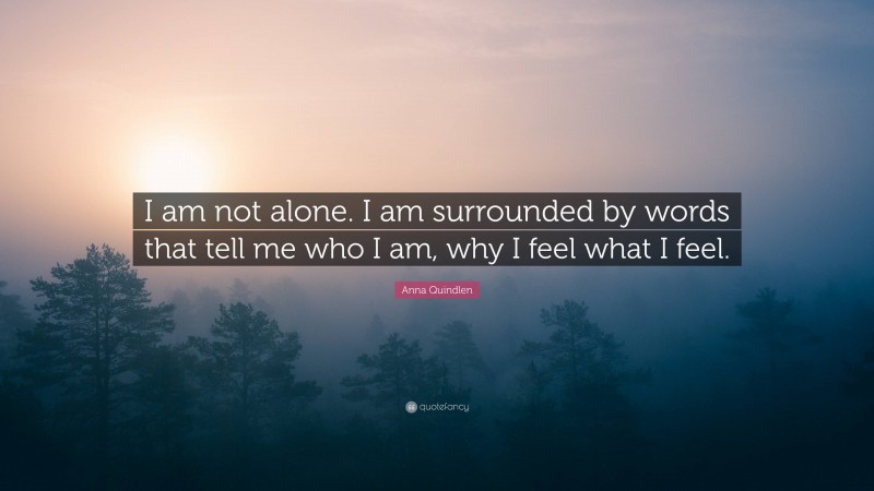 Anna Quindlen Quote: “I am not alone. I am surrounded by words that tell me who I am, why I feel what I feel.”