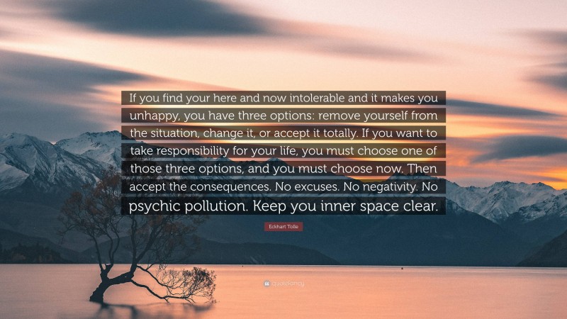 Eckhart Tolle Quote: “If you find your here and now intolerable and it makes you unhappy, you have three options: remove yourself from the situation, change it, or accept it totally. If you want to take responsibility for your life, you must choose one of those three options, and you must choose now. Then accept the consequences. No excuses. No negativity. No psychic pollution. Keep you inner space clear.”