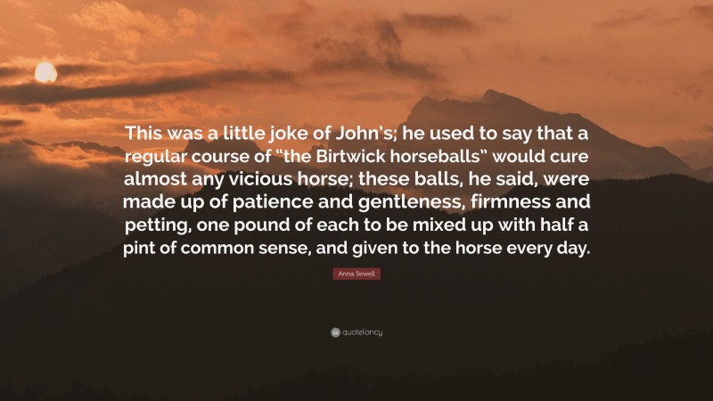 Anna Sewell Quote: “This was a little joke of John’s; he used to say that a regular course of “the Birtwick horseballs” would cure almost any vicious horse; these balls, he said, were made up of patience and gentleness, firmness and petting, one pound of each to be mixed up with half a pint of common sense, and given to the horse every day.”