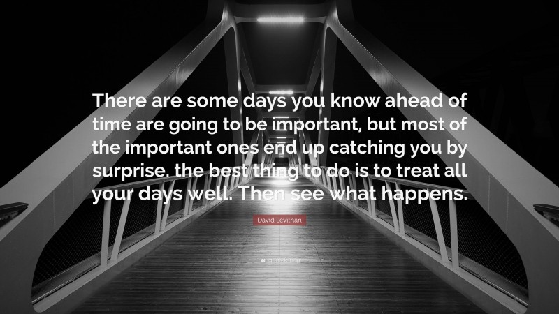 David Levithan Quote: “There are some days you know ahead of time are going to be important, but most of the important ones end up catching you by surprise. the best thing to do is to treat all your days well. Then see what happens.”
