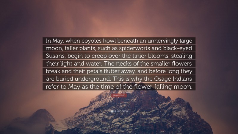 David Grann Quote: “In May, when coyotes howl beneath an unnervingly large moon, taller plants, such as spiderworts and black-eyed Susans, begin to creep over the tinier blooms, stealing their light and water. The necks of the smaller flowers break and their petals flutter away, and before long they are buried underground. This is why the Osage Indians refer to May as the time of the flower-killing moon.”