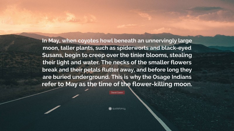 David Grann Quote: “In May, when coyotes howl beneath an unnervingly large moon, taller plants, such as spiderworts and black-eyed Susans, begin to creep over the tinier blooms, stealing their light and water. The necks of the smaller flowers break and their petals flutter away, and before long they are buried underground. This is why the Osage Indians refer to May as the time of the flower-killing moon.”